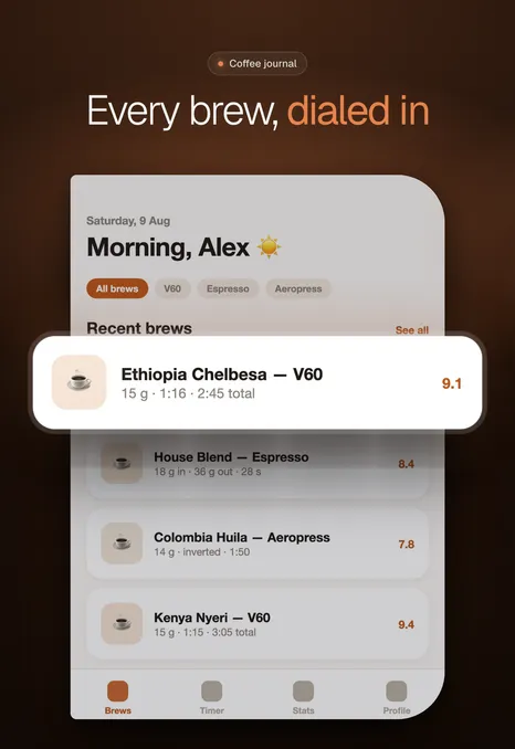 Brewlog sample app, Night style, iPhone Duo outer display, screenshot 1 of 5