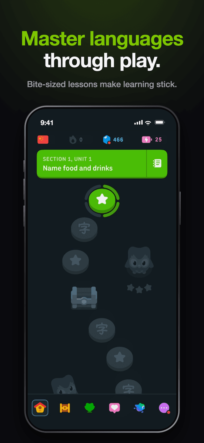 Duolingo, dark set, hero: Master languages through play
