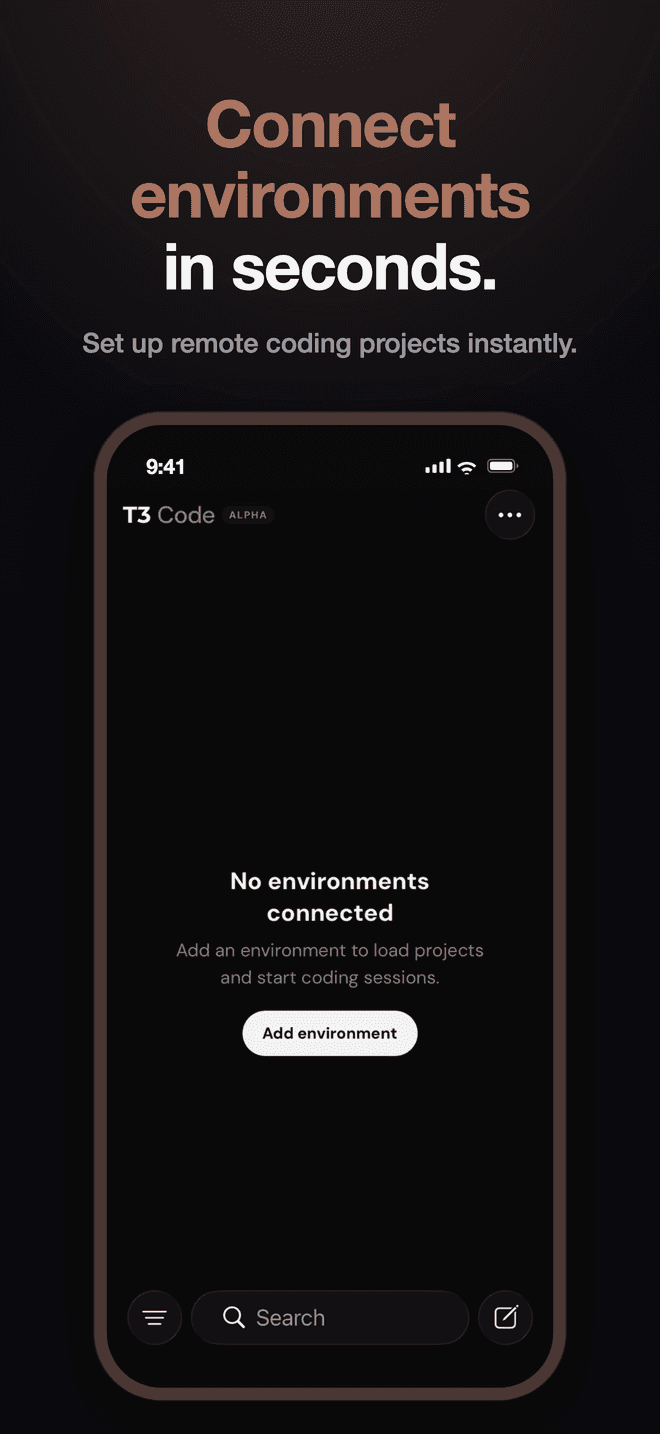 T3 Code, dark set, hero: Connect environments in seconds