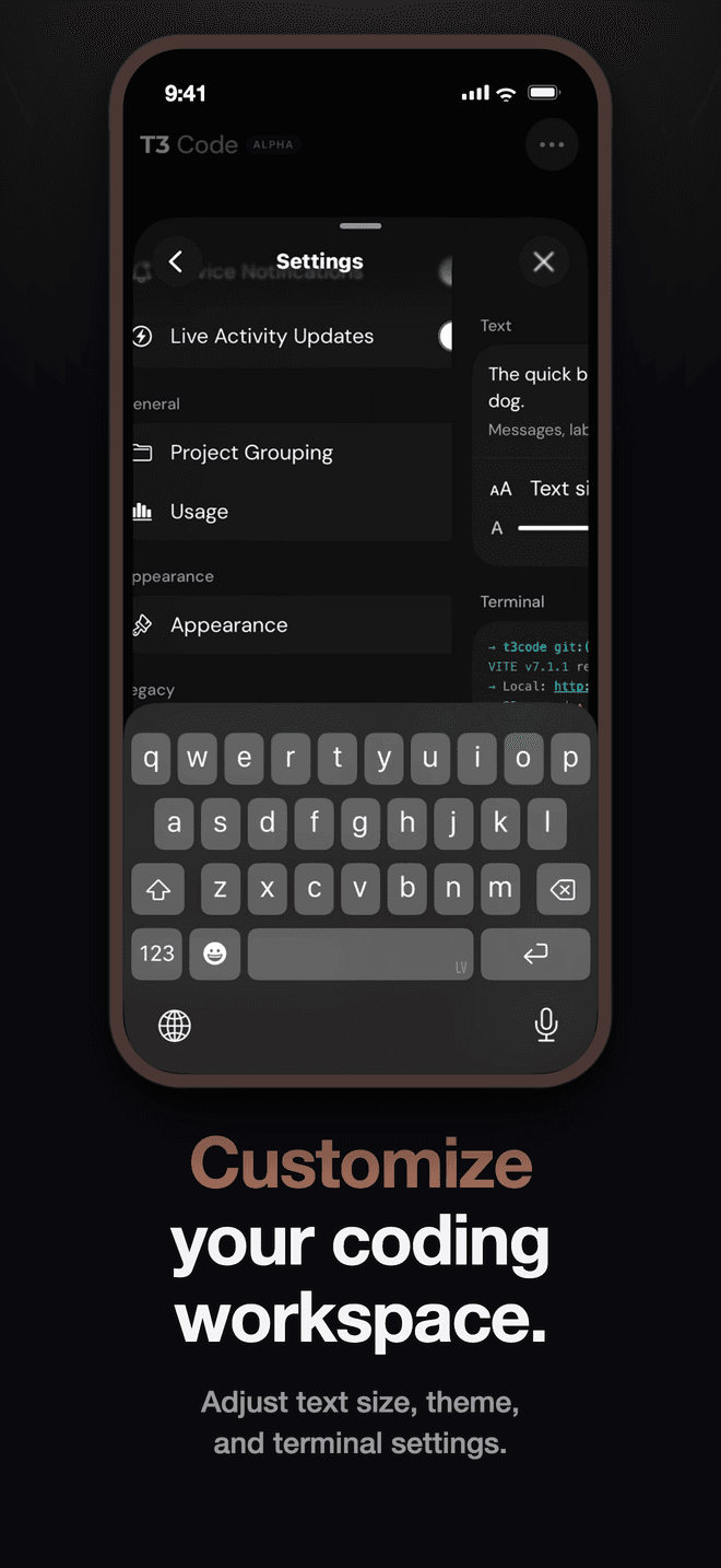 T3 Code, dark set, third screen